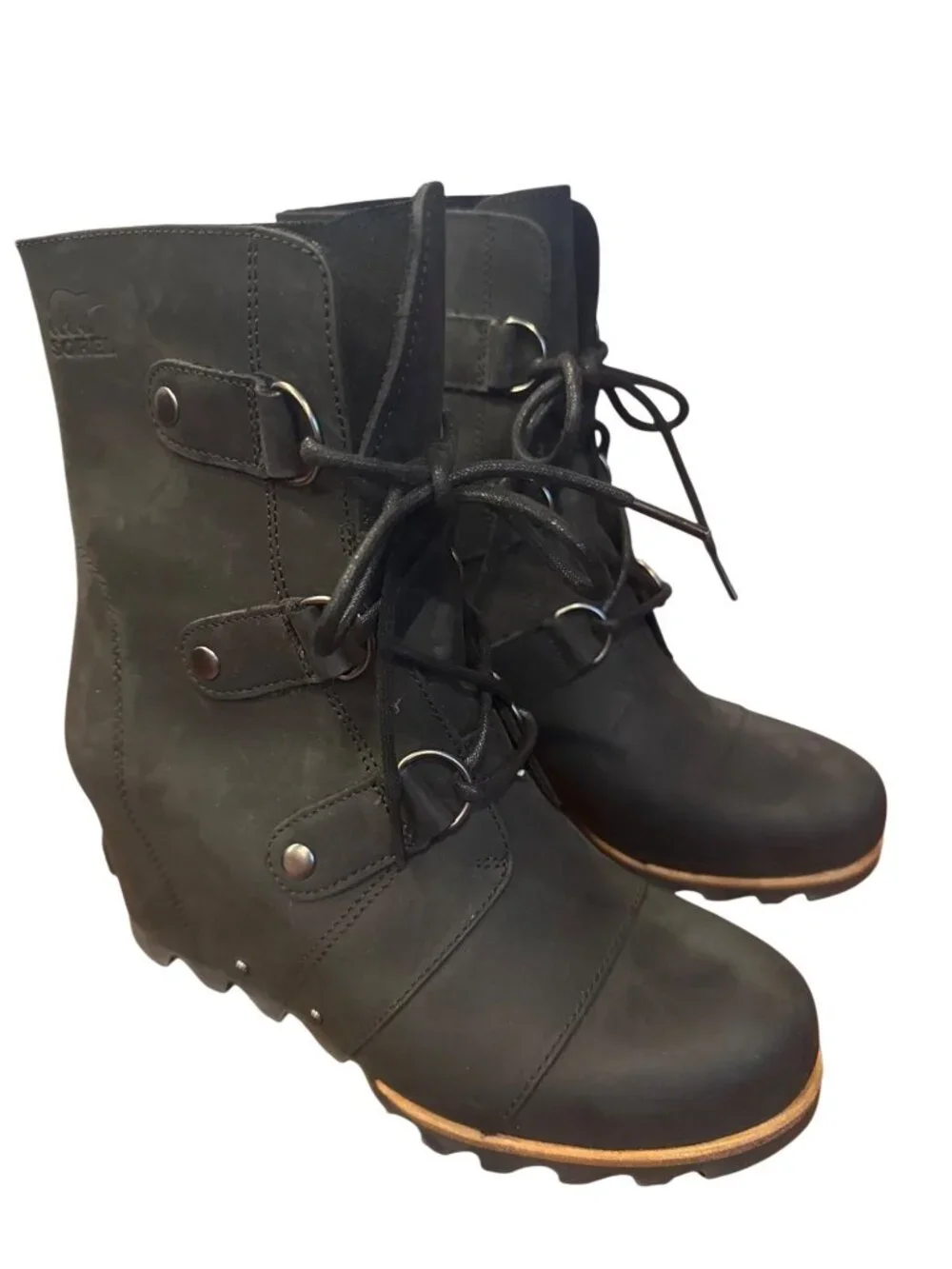 Sorel Joan Of Arctic Wedge Lace Up Boots Black Nubuck Womens Size 8 Waterproof